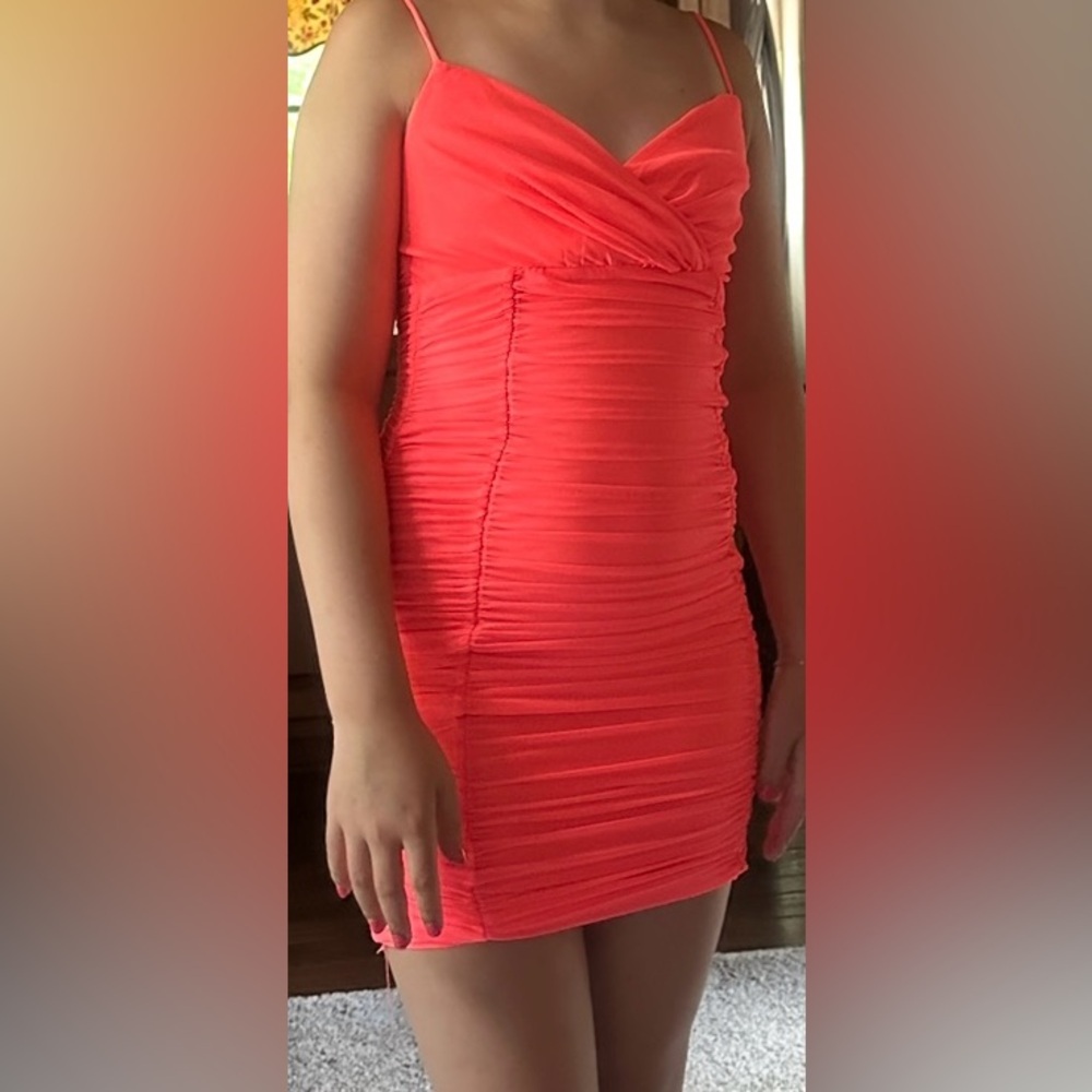 Lucy in the Sky Orange Ruched Bodycon Midi Dress